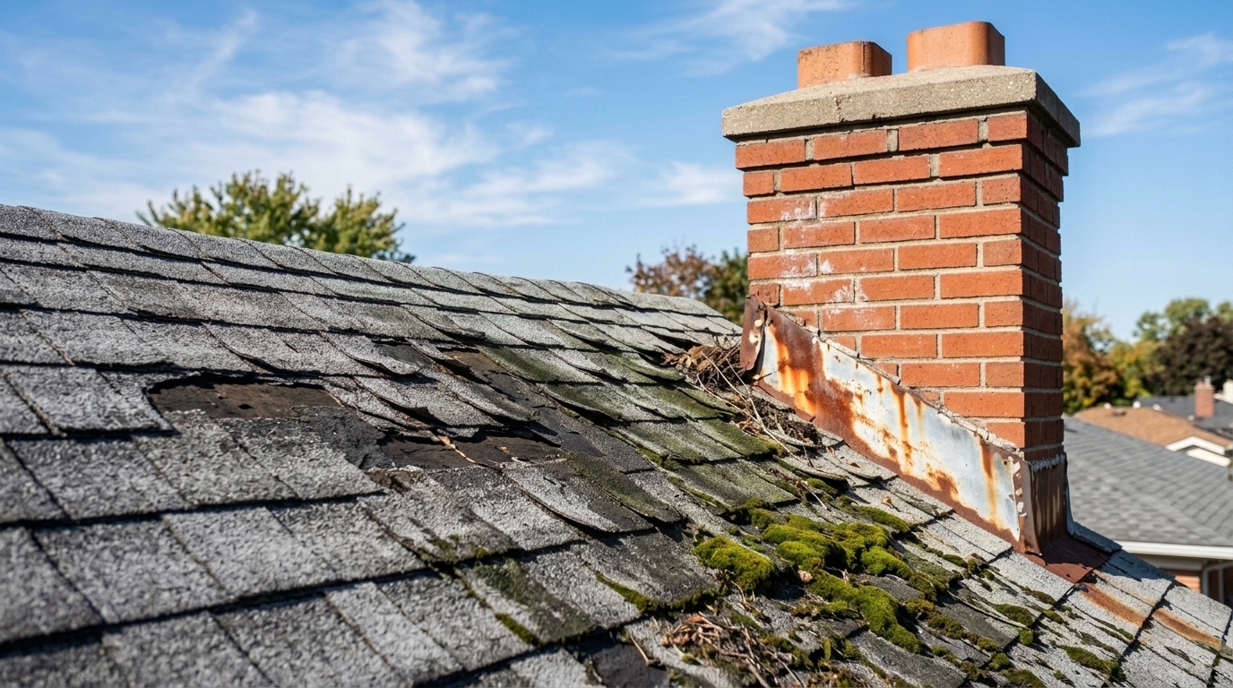 Roof before replacement, storm-damaged shingles